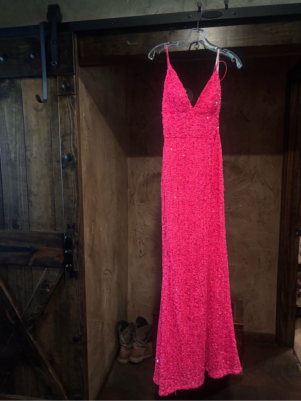 Sherri Hill Fuchsia Sequin V‑Neck Spaghetti Strap Maxi Gown